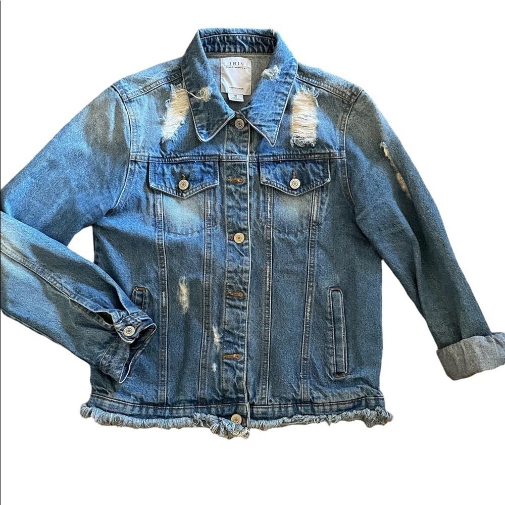 Iris Frayed JEAN JACKET Women M Blue Distressed Denim Long Sleeve Button Classic